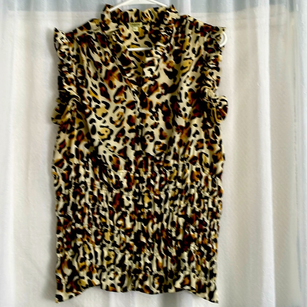 Agora Women's Brown and Cream button up Blouse with ruffle sleeves size L